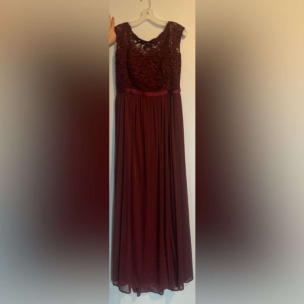 David’s Bridal Wine Two Shoulder Corded Lace Bodice Dress